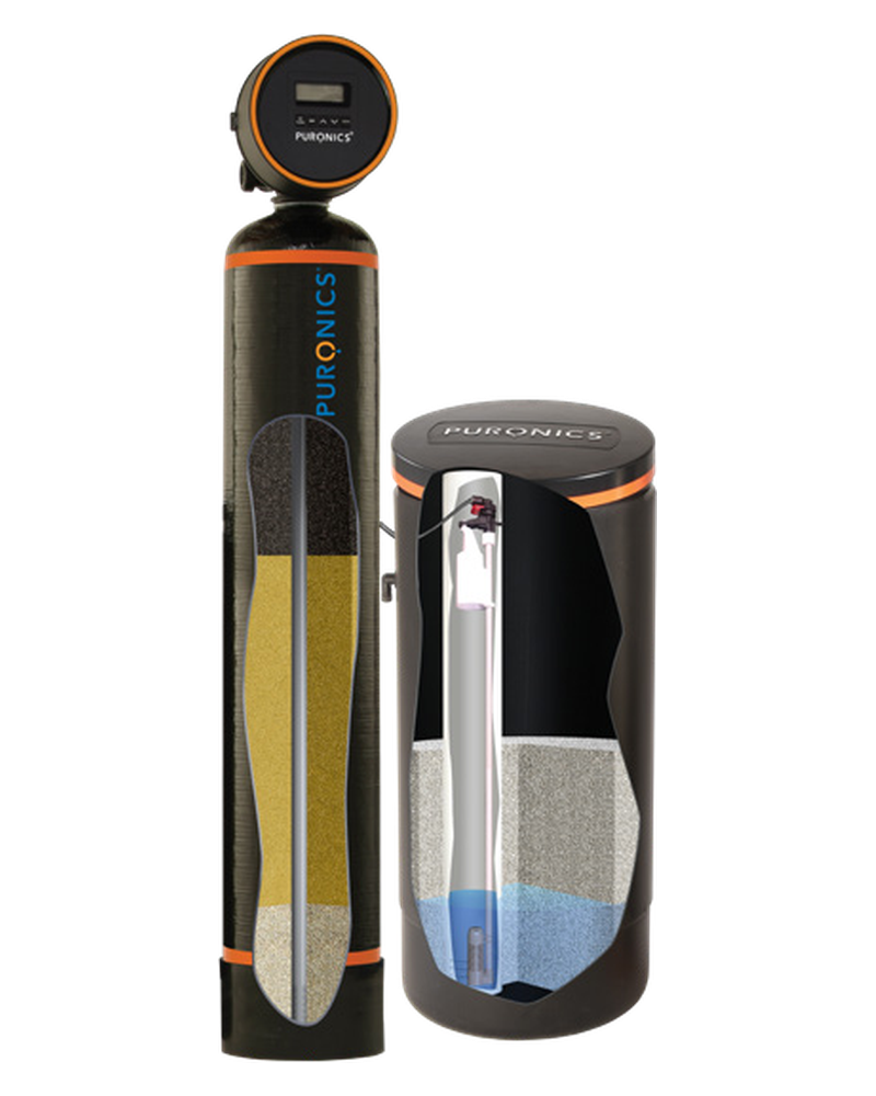 Cutaway of the Defender iGen C showing the layered Clearess media, softening resin and clarifier inside the tank, and the float assembly inside the brine tank
