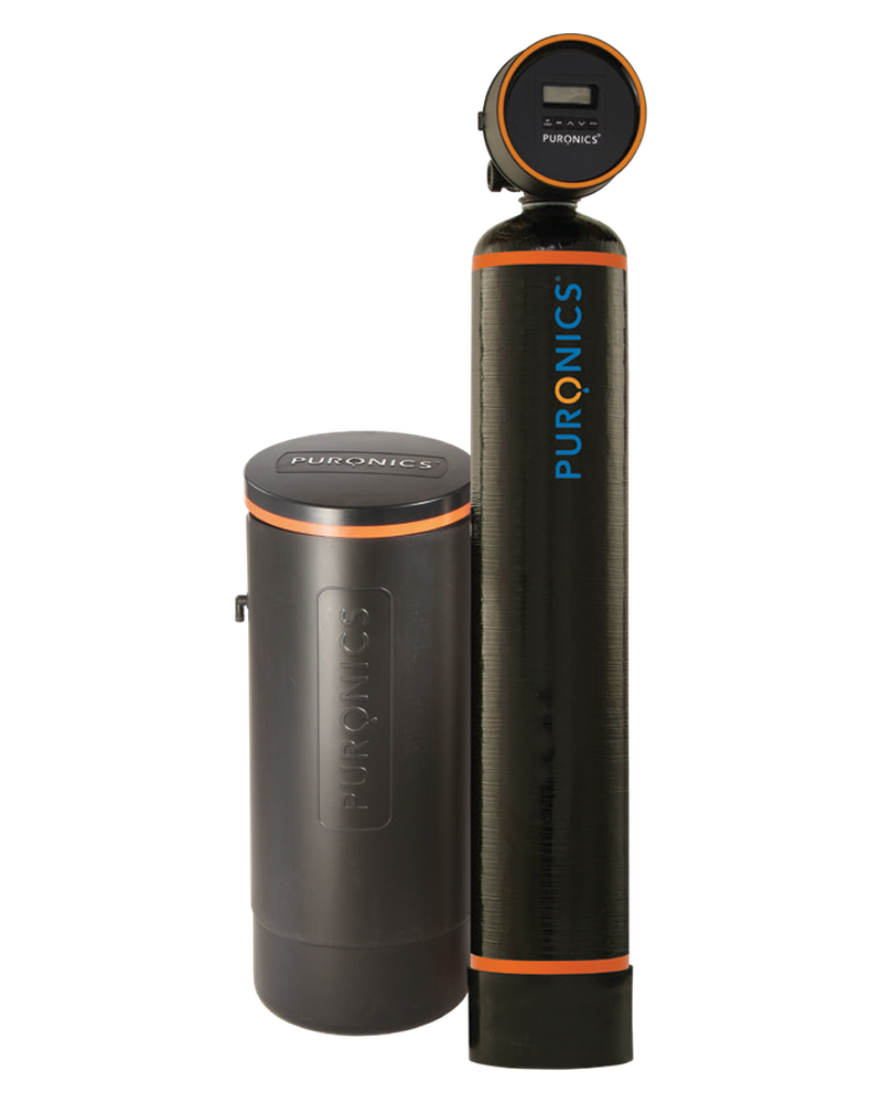 Puronics Defender iGen C: black fiberglass media tank with the iGen control valve on top, next to the separate brine tank