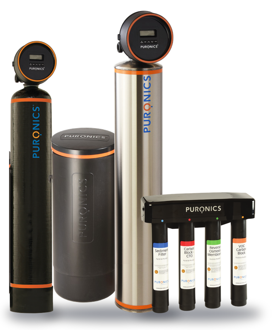 Three Puronics systems we install: the Defender iGen C whole-house tank, the stainless Terminator iGen C with its brine tank, and the Micromax 8500 reverse-osmosis system