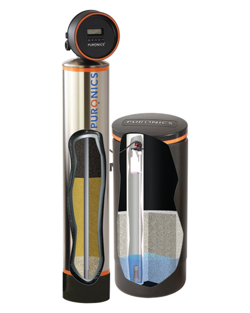 Cutaway of the Hydronex iGen C showing the media layers inside the stainless-covered tank and the brine tank internals