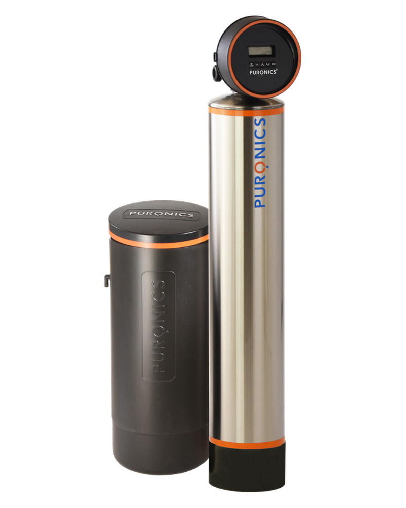 Puronics Hydronex iGen C: media tank with a stainless-steel outer cover and the iGen control valve, next to the brine tank