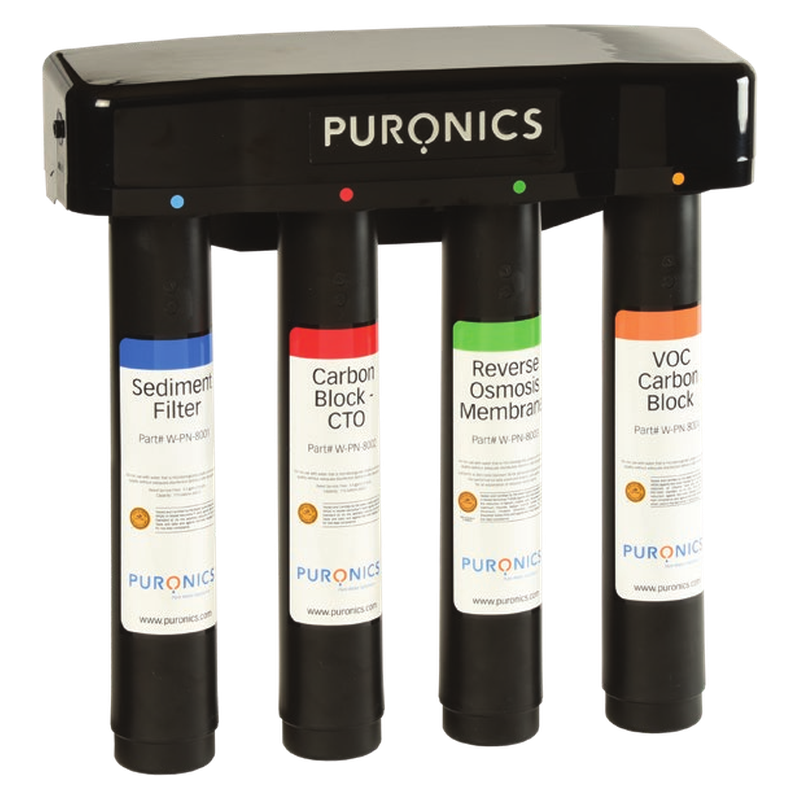 Puronics Micromax 8500 five-stage reverse-osmosis system: four labelled Easy Change cartridges hanging from a black manifold