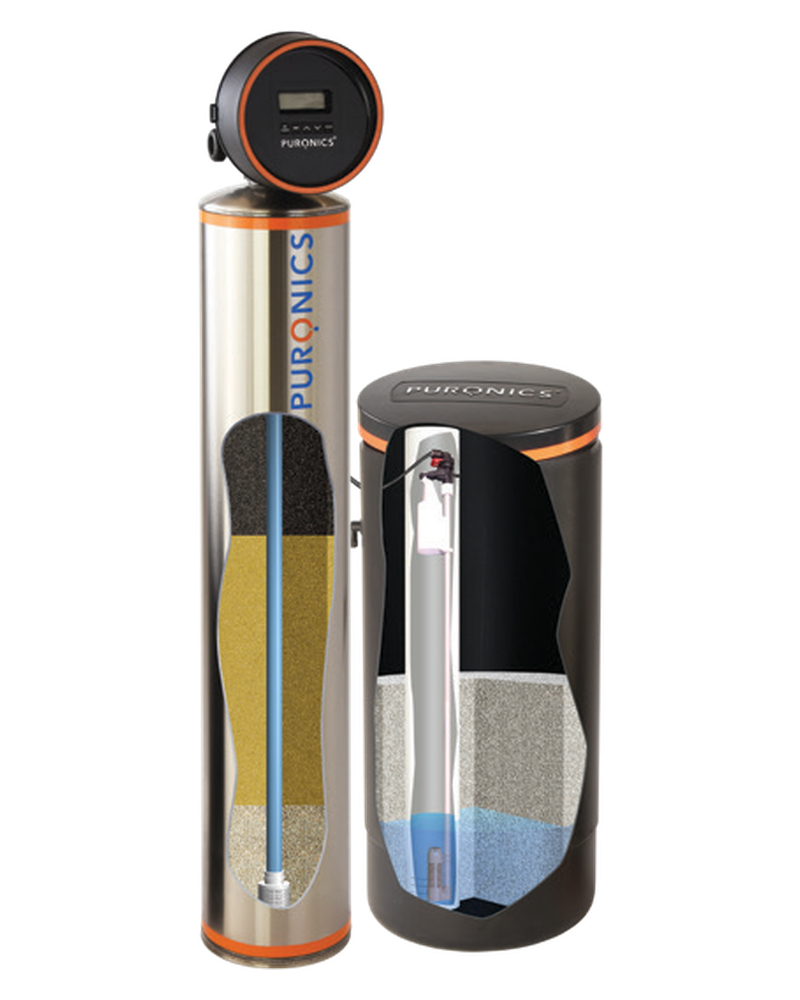Cutaway of the Terminator iGen C showing the Clearess media, softening resin and clarifier layers inside the stainless tank