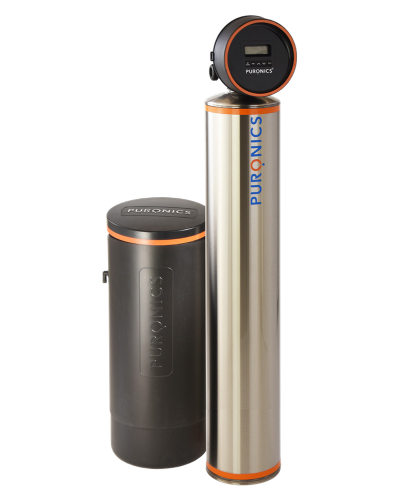 Puronics Terminator iGen C: food-grade 316L stainless-steel media tank with the iGen control valve, next to the brine tank